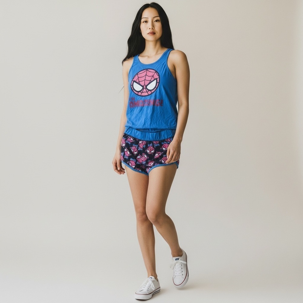 Blue Spider-Man Graphic Tank and Floral pajamas Shorts Set​​
